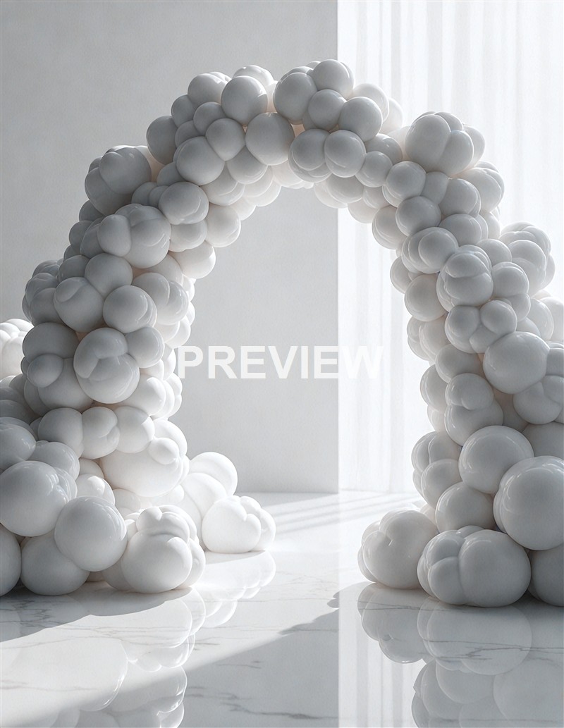A large, abstract structure made of numerous white, glossy spherical objects arranged to form an archway in a minimalist, brightly lit space.